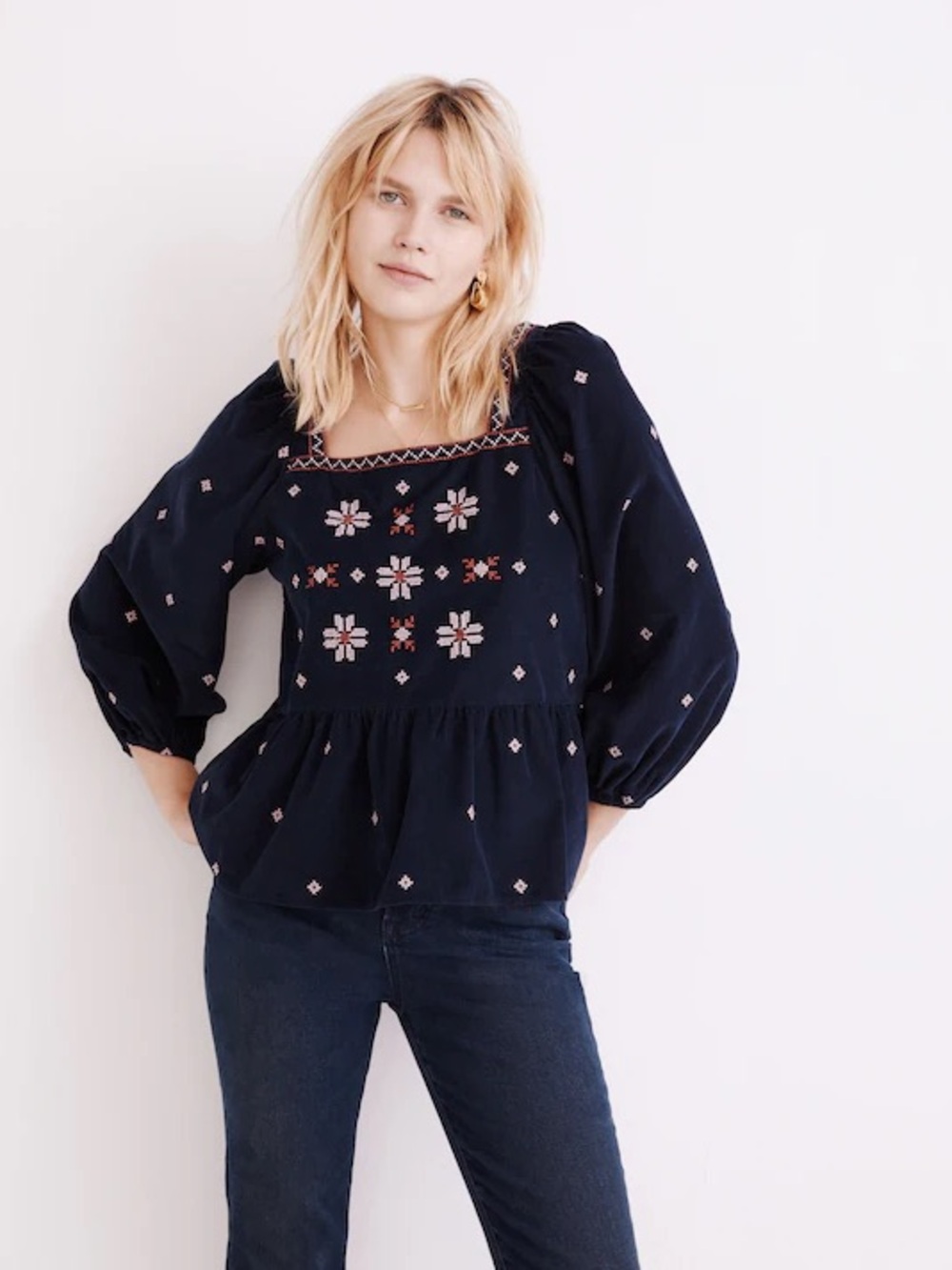 Madewell Embroidered Corduroy Button-Back Peplum Top Navy Boho Cottagecore XXS